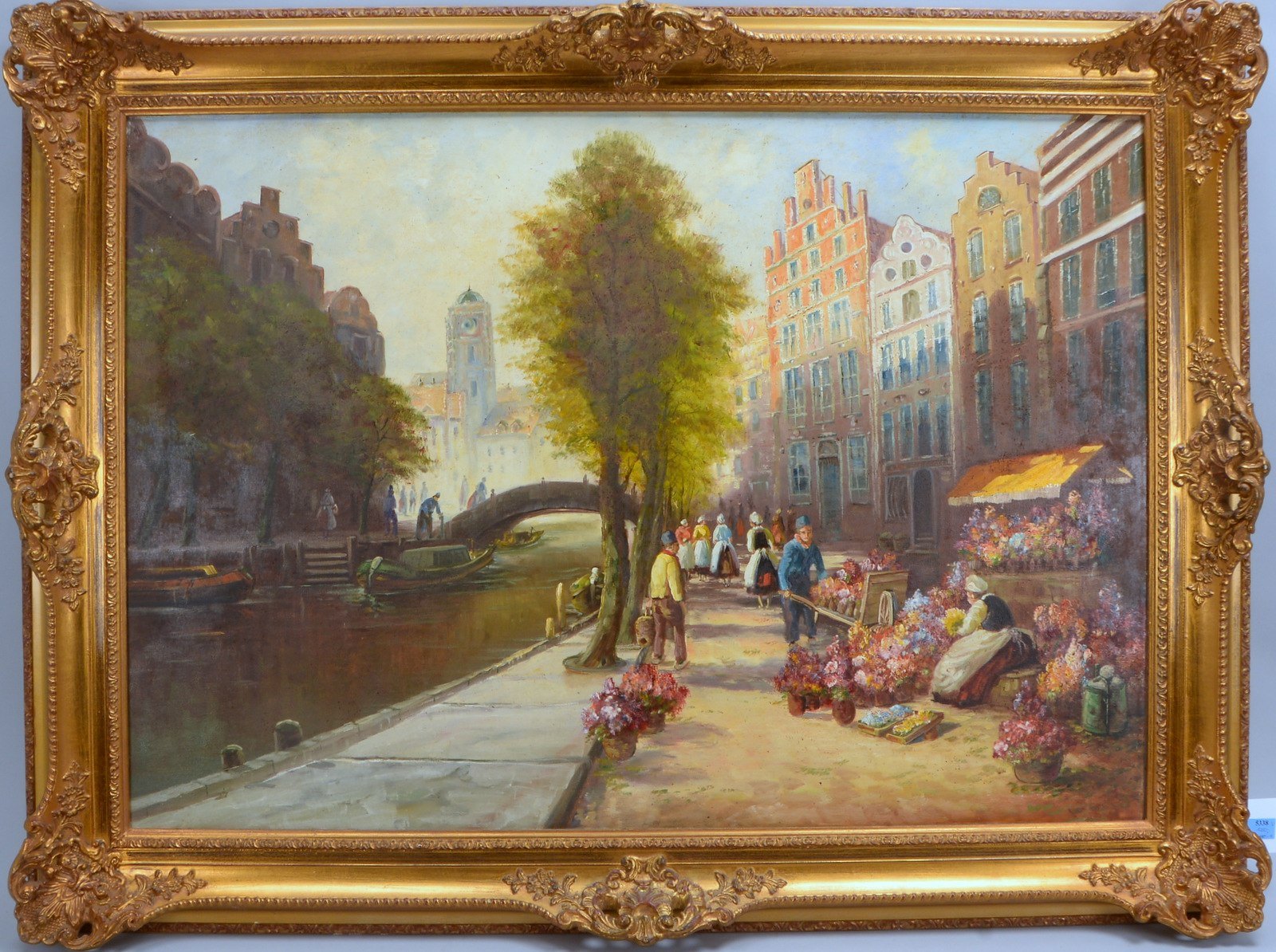 Gemälde, 'Blumenmarkt an Amsterd. Gracht', Öl/Lw auf Platte, im Prunkrahmen