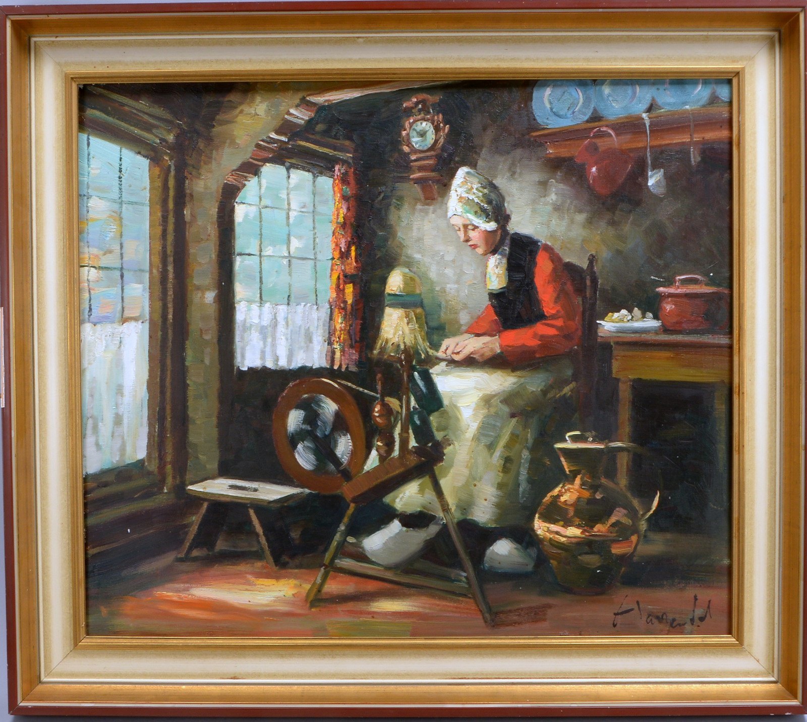 Harendel, 'Interieur - Bäuerin am Spinnrad', Öl/Lw, unten re. signiert