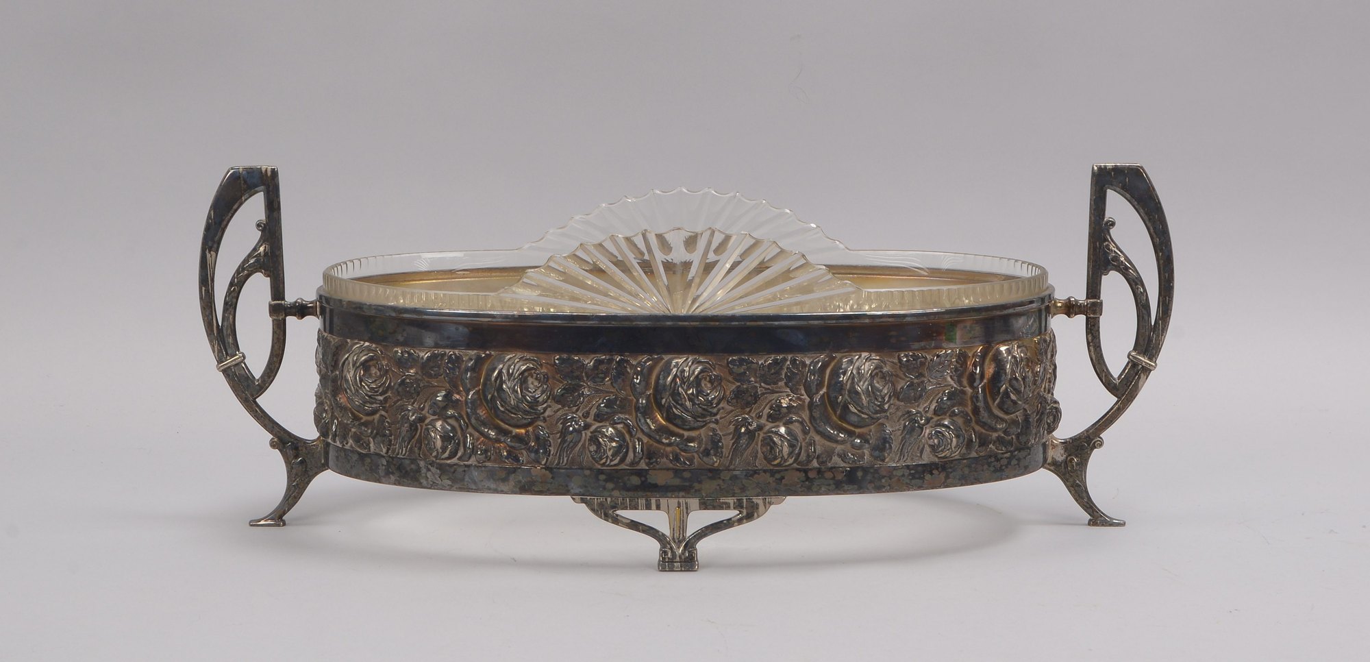 Jardinière, Metallhalterung umlaufend mit Rosenfries, 2x Henkel