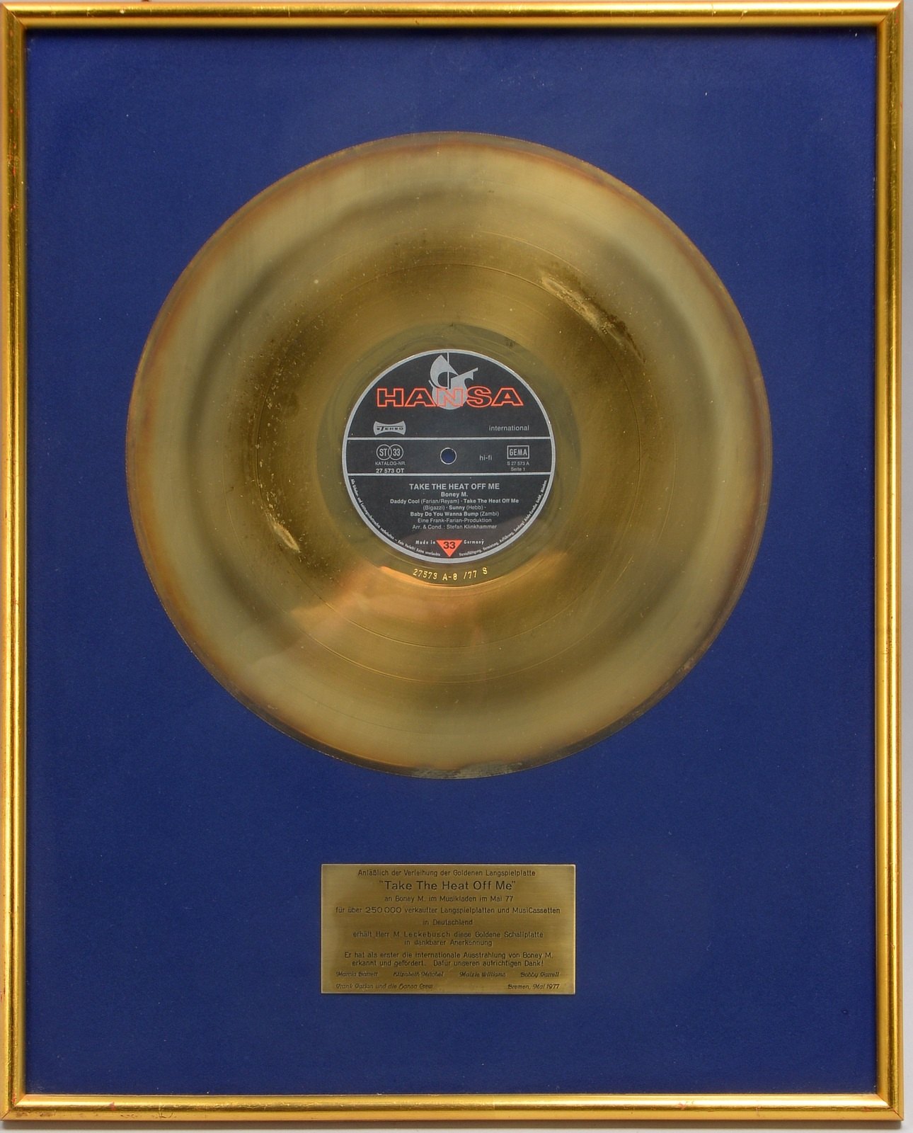 Sammler-Auszeichung, 'Goldene Schallplatte' (1977, an M. Leckebusch für 'Boney M.')