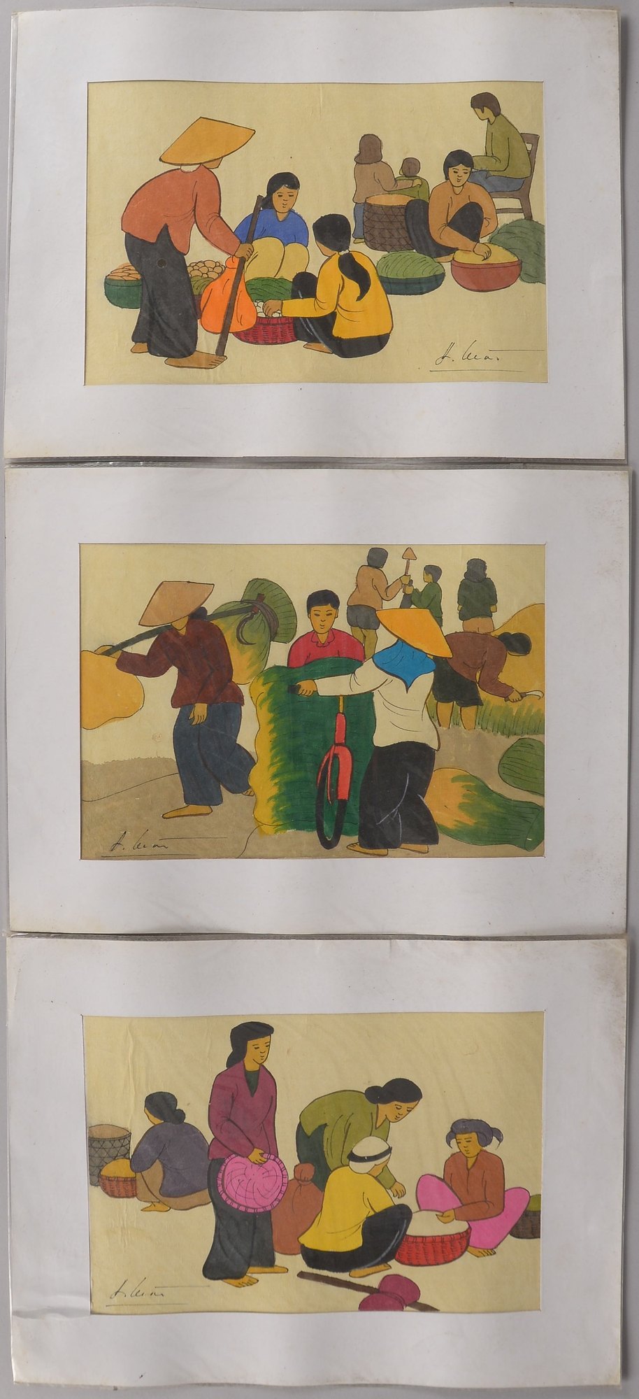 Luan, Dang (Vietnam), 'Feldarbeit und Marktszenen', Aquarell/Papier, signiert