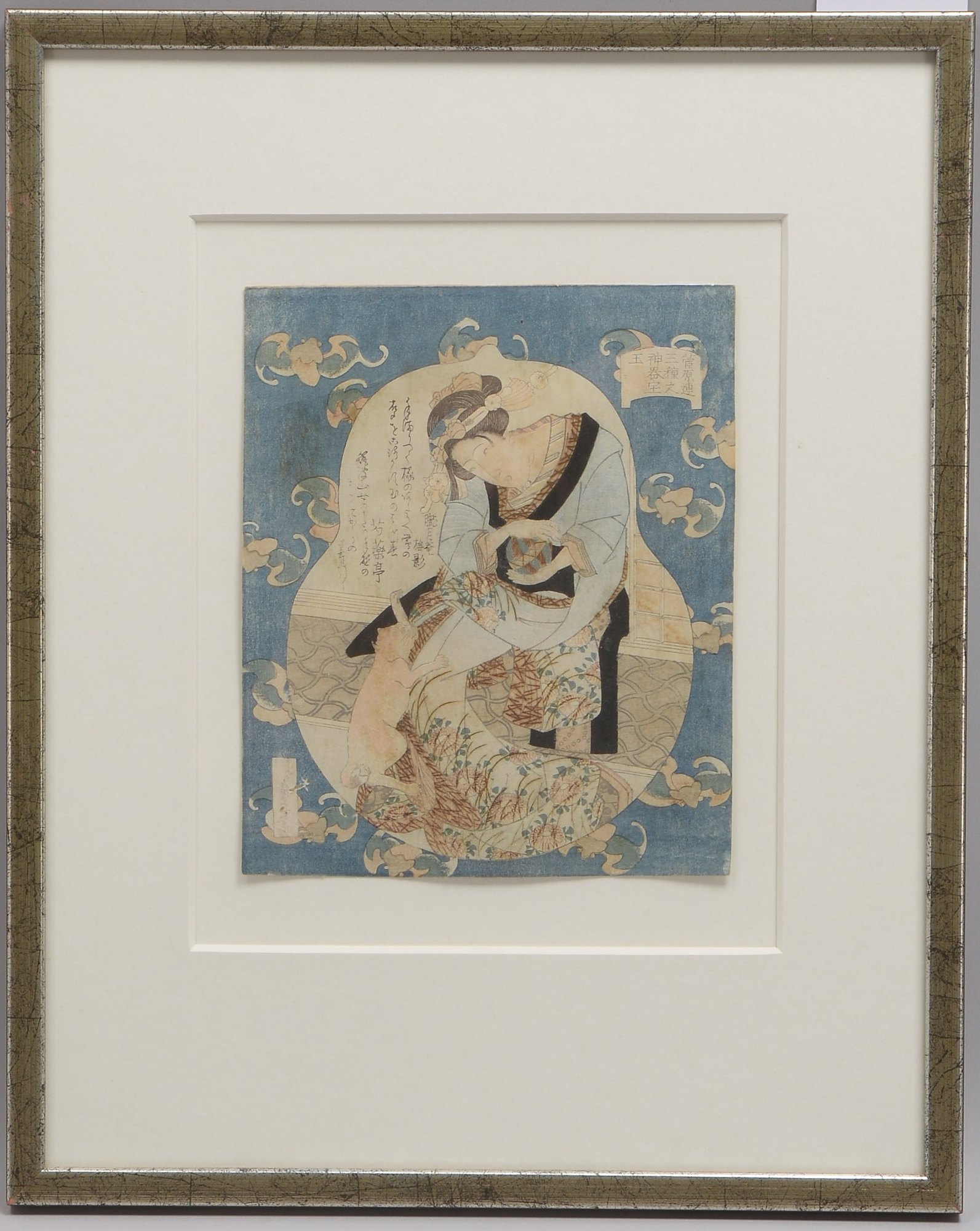 Farbholzschnitt (Japan), 'Frau mit Katze', mit japanischer Kalligrafie
