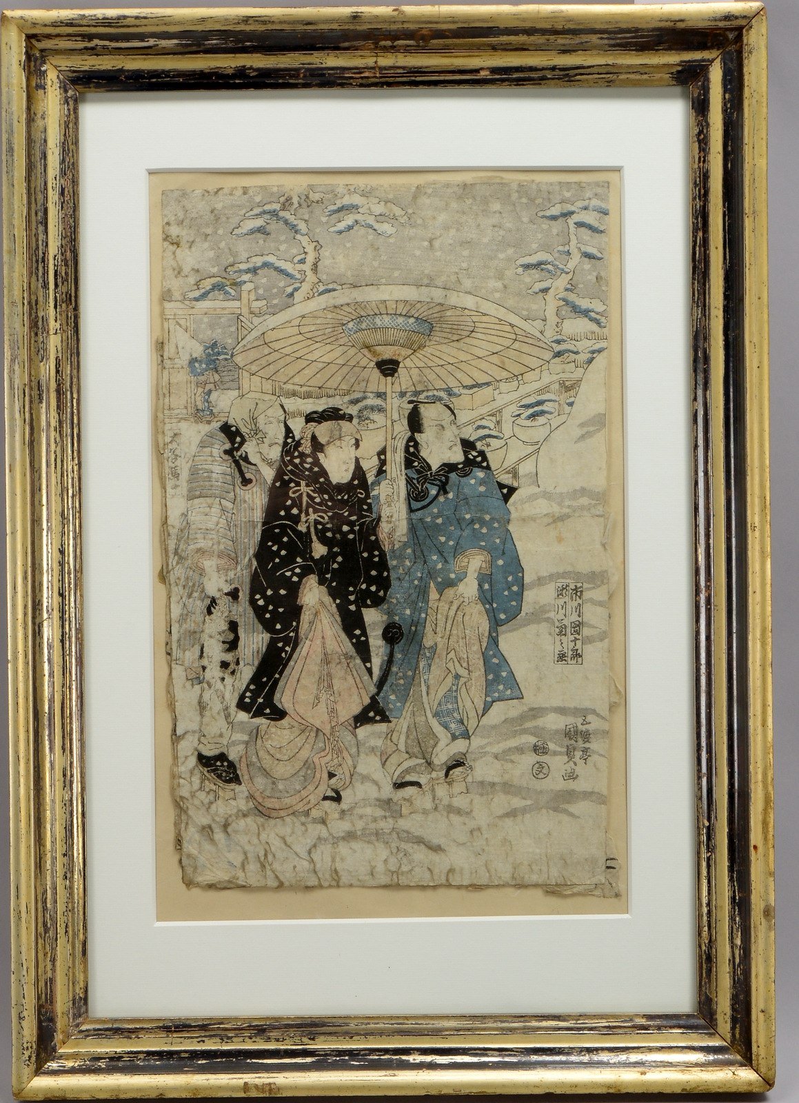 Utagawa Kumisada (1780 - 1865), 'Personengruppe unter Schirm bei Schneefall', Farbholzschnitt (Japan