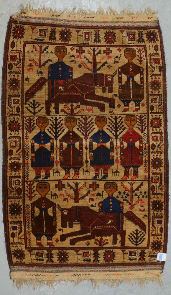Bilderteppich - wohl Belutsch, mittelfeine Knüpfung, kamelbrauner Fond