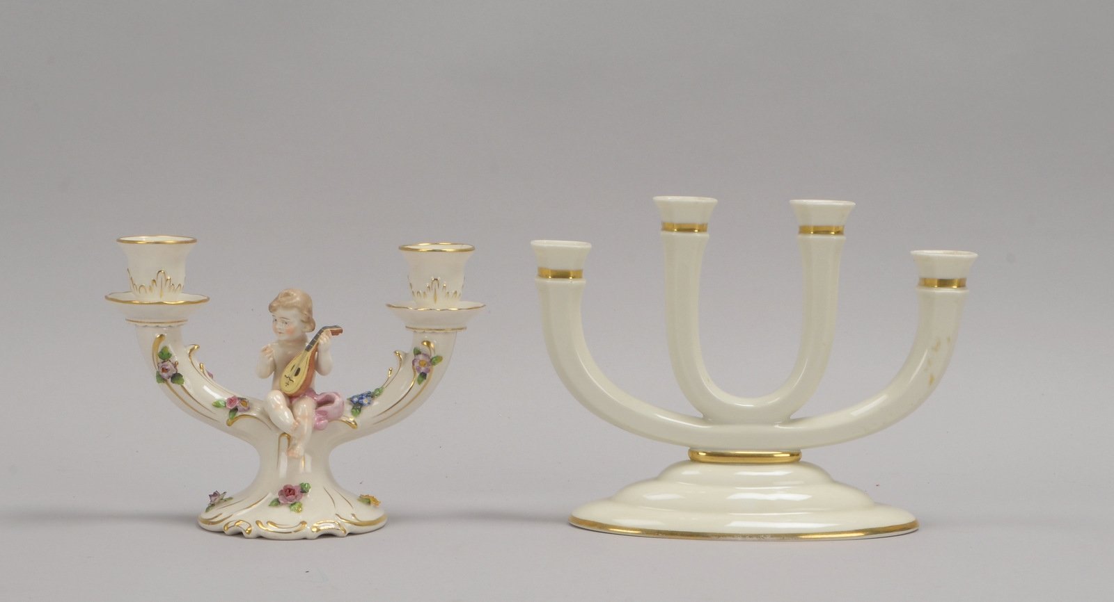 2 Porz.-Kerzenleuchter: Schierholz, 2-fl., Höhe 17 cm; und Rosenthal, 4-fl., Höhe 20 cm