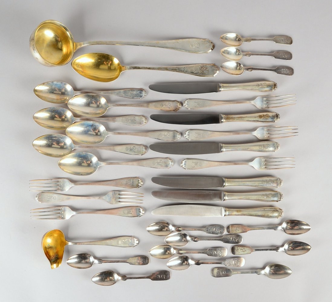Tafelbesteck, 800 Silber, für 6 Personen, 21-teilig; Gesamtgewicht 1.601 g