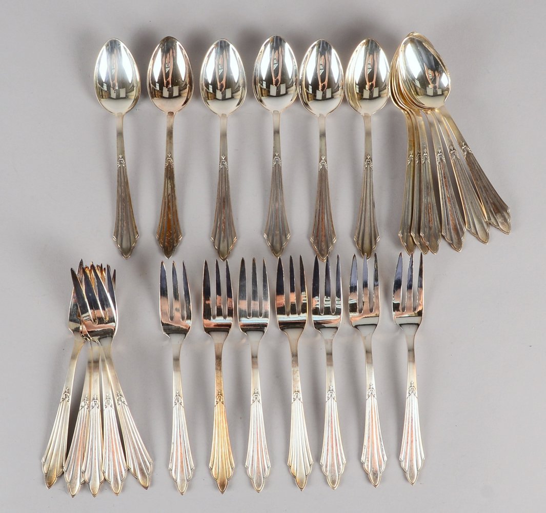 WMF, Kuchenbesteck, 90er Auflage, Fächermuster, Löffel/Gabeln, für 12 Pers.