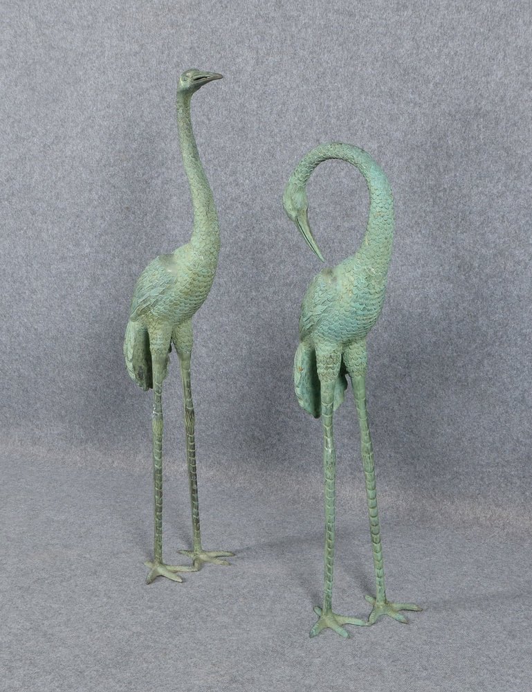 Paar Gartenskulpturen, 'Reiherpaar' - lebensgr. Ausf., Bronze mit grüner Patina