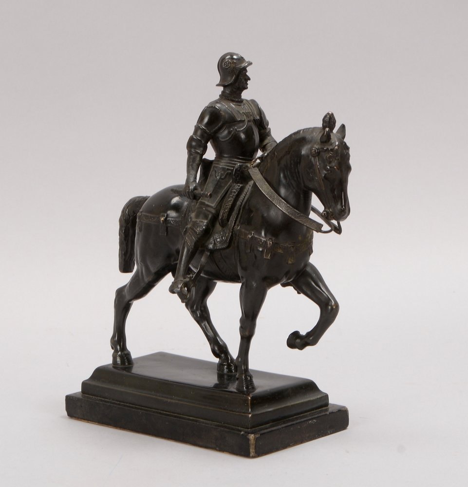 Bronzeskulptur, 'Bartolomeo Colleoni', Reiterfigur auf Steinplinthe; Höhe 23 cm