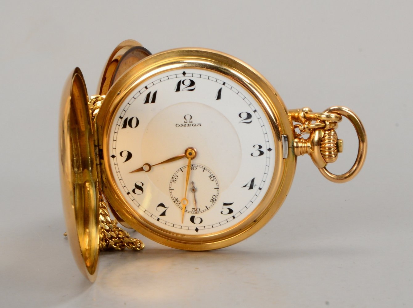 Taschenuhr, Omega, 585 GG-Gehäuse/Metall-Innendeckel, an 585 GG-Kette