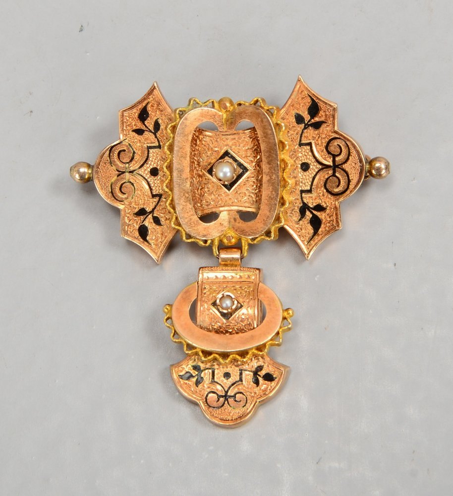 Brosche (Biedermeier), 585 RG, besetzt mit kleinen Saatperlen; Länge 4,5 cm