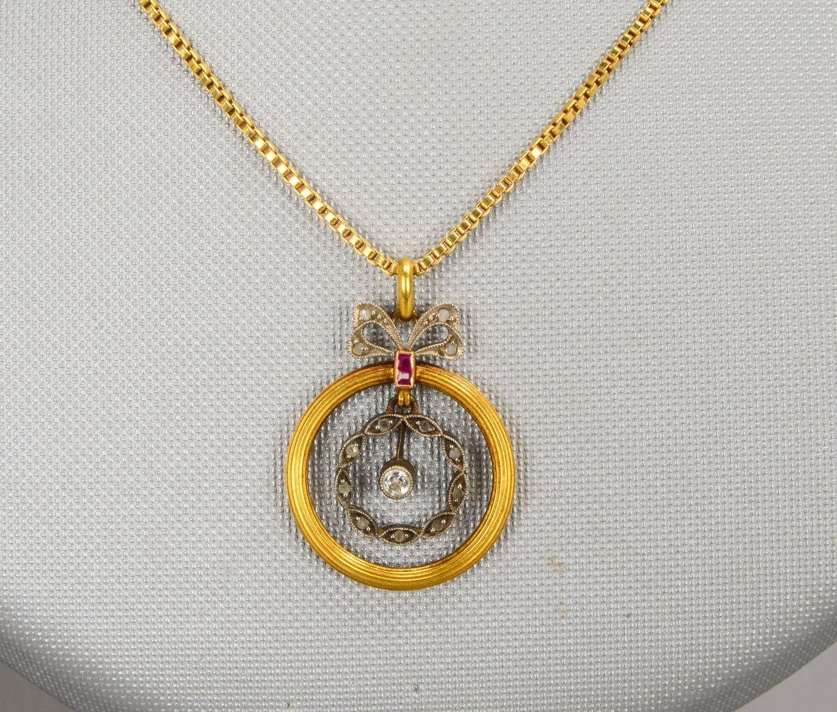 Antiker Anhänger, 585 GG (gest.), mit Rubin und Diamanten/Rosen- und Altschliff