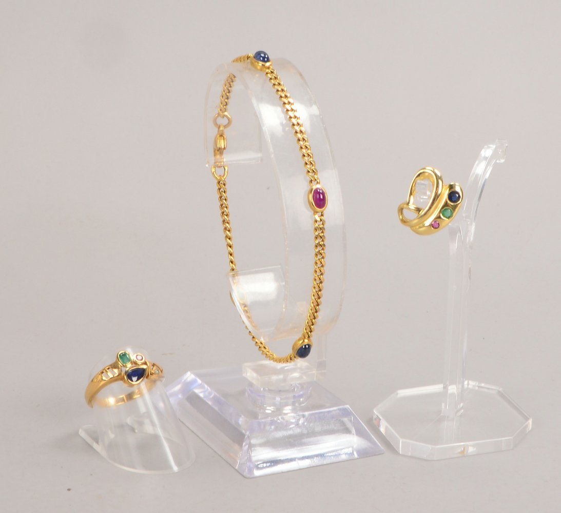 Goldschmuck, mit Steinbesatz: 333 GG-Armband/Ring, und 585 GG-Anhänger