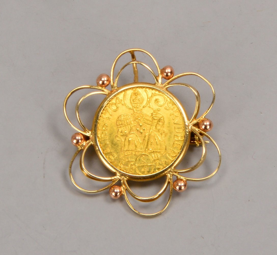 Brosche, '1/4 Dukat, Salzburg 1704', 986/000 Gold, Gew. 0,87 g, in 585 GG-Fassung