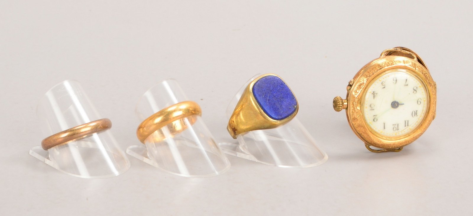 3x Ringe, 333 GG (gest.): 1x mit Lapislazuli; und Damentaschenuhr, 585 GG-Geh.