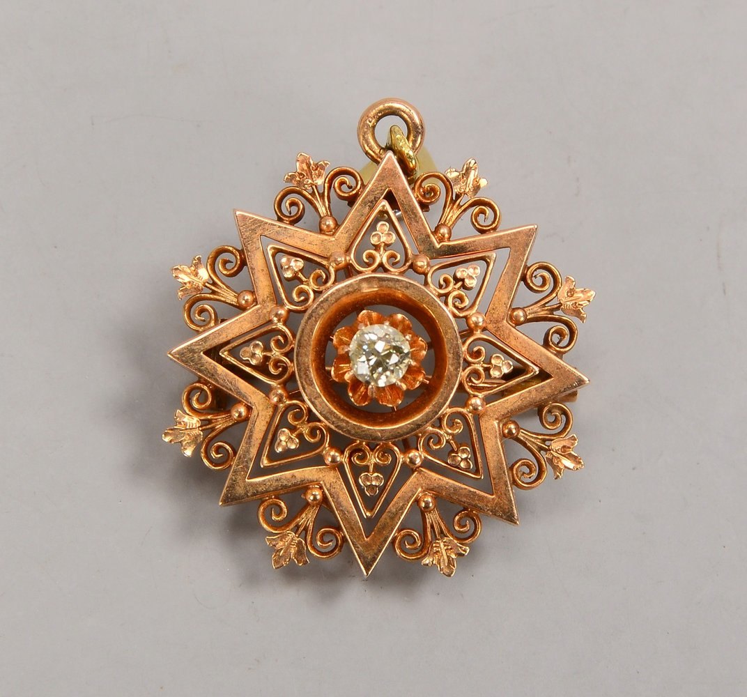 Brosche/Anhänger, 585 RG/GG (gepr.), rund, ornamental durchbr., 2x Brillanten