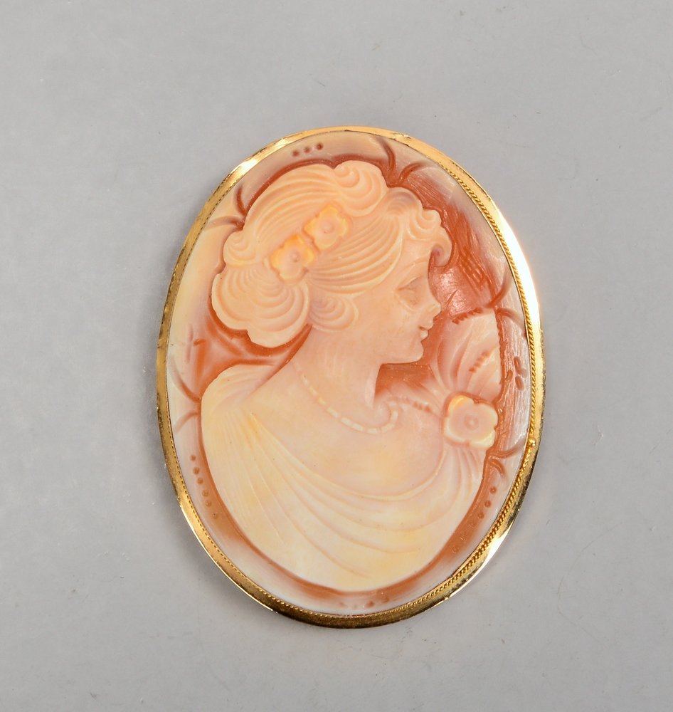 Brosche/Anhänger, Kamee in 585 GG-Fassung, geschnitztes 'Frauenportrait'