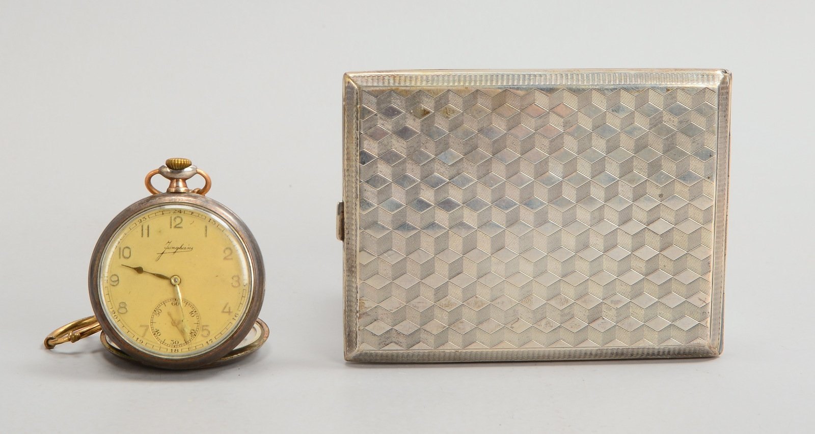 Zigarettenetui, 830 Silber; anbei eine Taschenuhr, Junghans, im Silbergehäuse