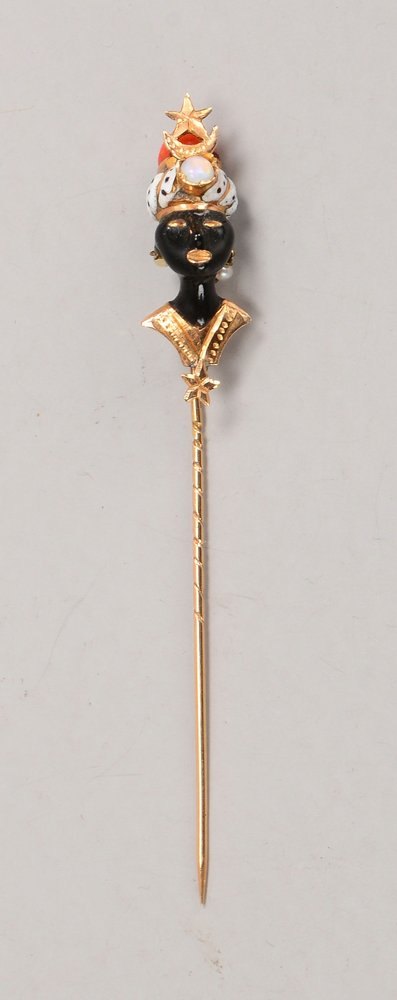 Anstecknadel, 14 kt Gold (gepr.), emaill., mit Koralle, Perlen und Mondstein