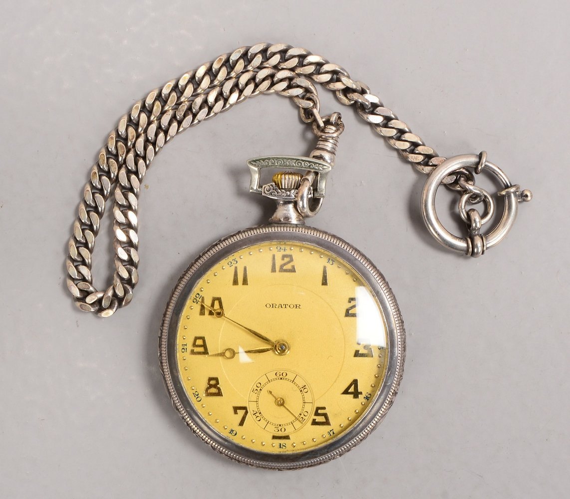 Taschenuhr (Schweiz), 'Orator', 900 Silber, Deckel nielliert/mit Goldreserve