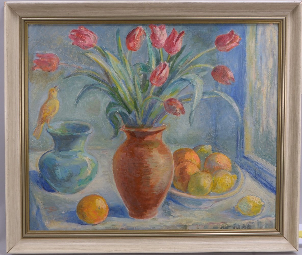 Kolde, Alexander, 'Tulpenstilleben mit dem Kanarienvogel', Öl/Platte, sign.