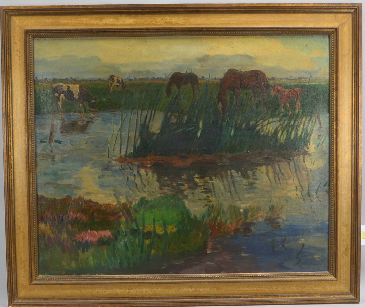 Focke, Wilhelm Heinrich, 'Weidende Pferde und Kühe am Weiher', Öl/Lw, monogr.
