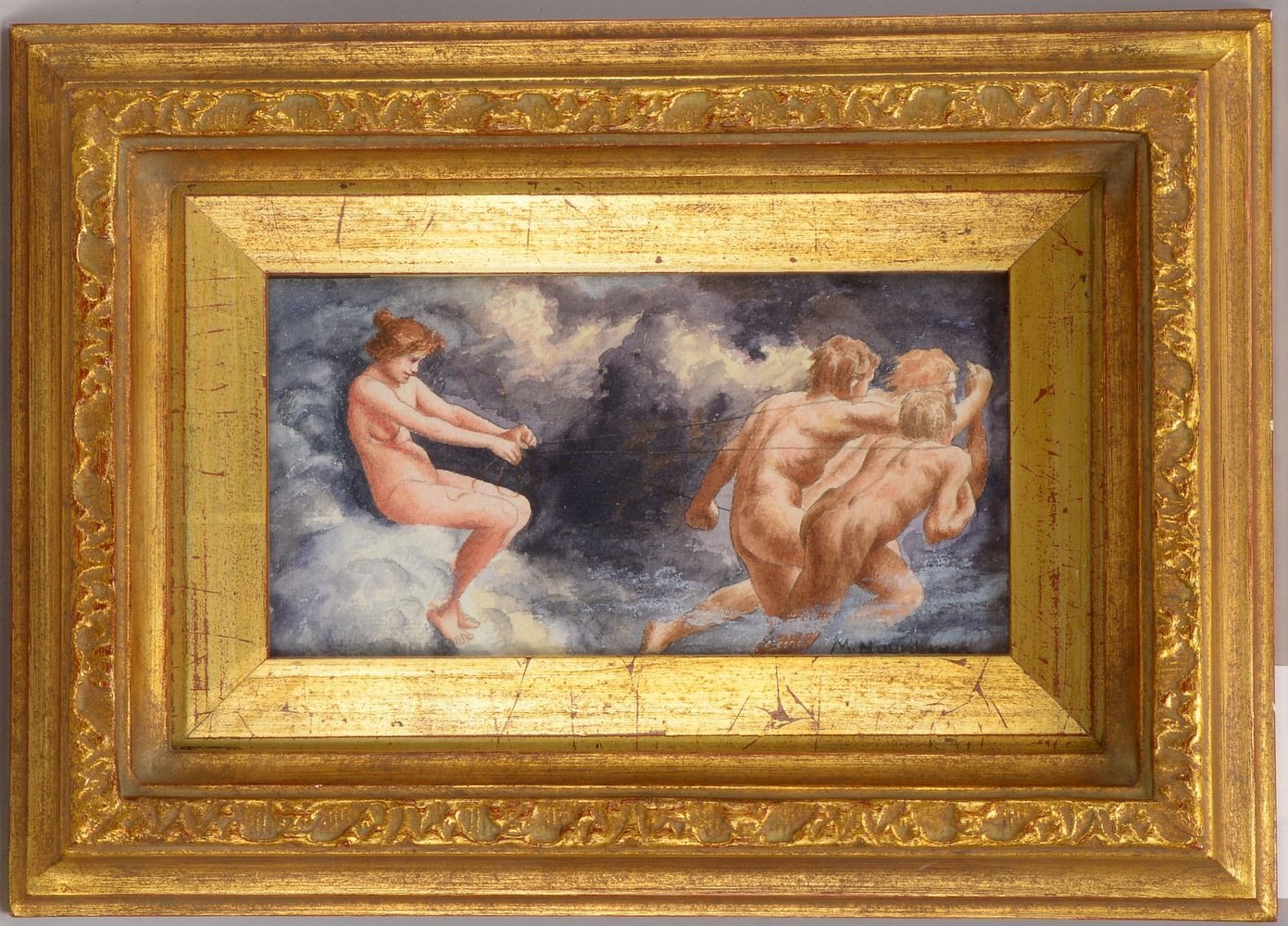 Aquarell, 'Wagenlenkerin auf Wolke mit Männer-Gespann', auf Papier, unten re. sign.