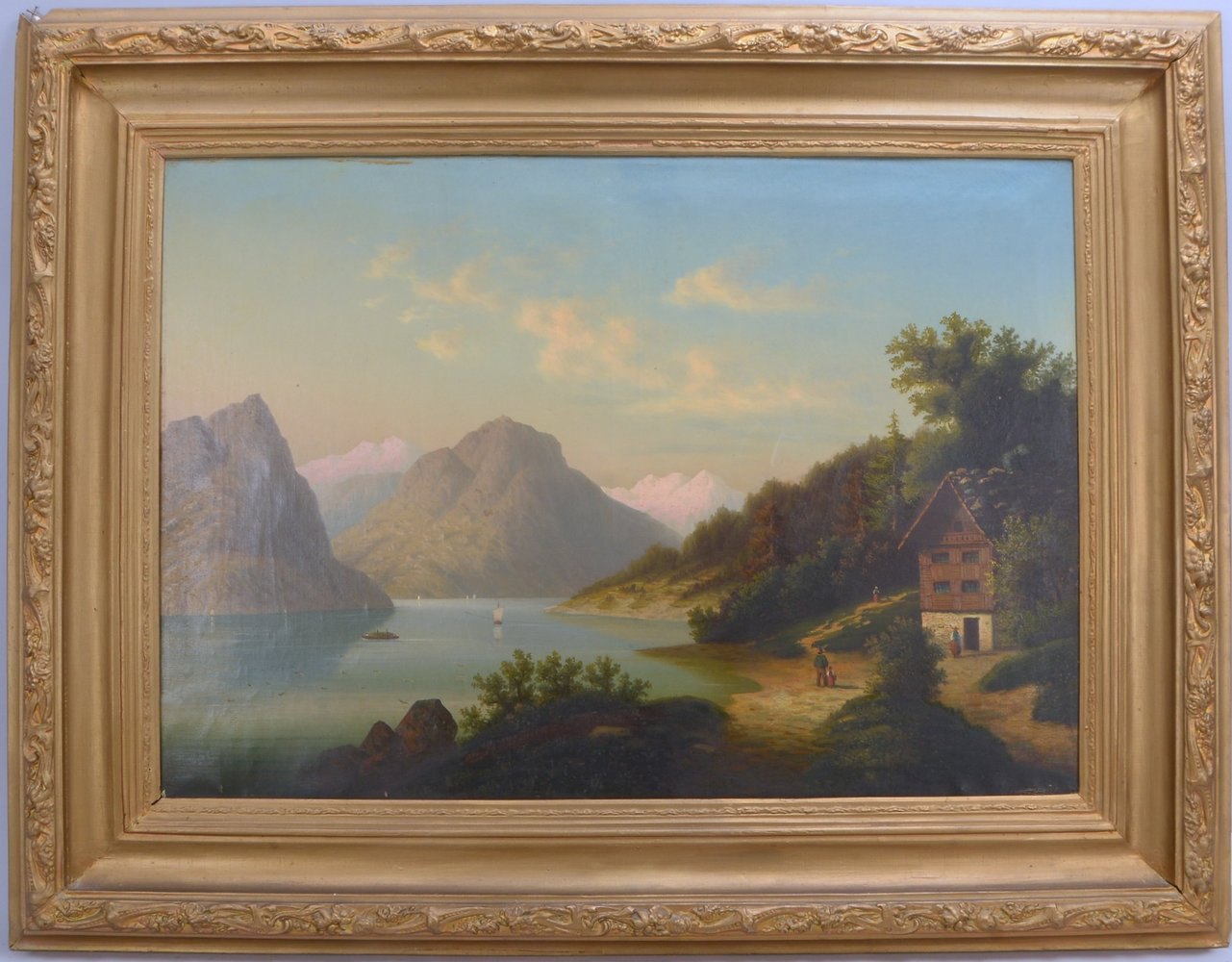 Gemälde, 'Romantische Seenlandschaft', Öl/Lw, unten links signiert