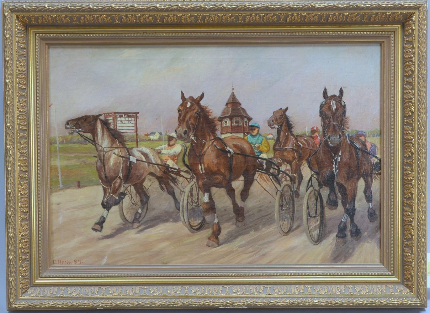 Hertz, Carl (*1879), 'Trabrennen', Öl/Lw, unten li. sign./dat. '1918'; Bildmaße 36 x 54 cm