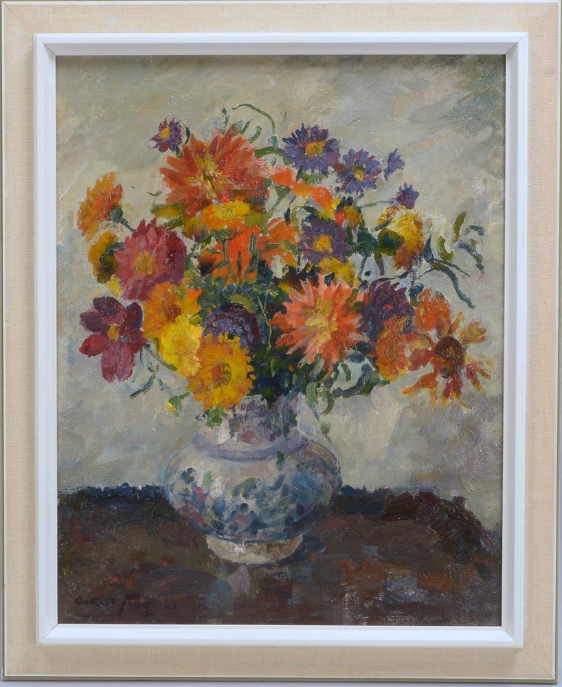 Frey, Oskar, 'Herbstblumen in Vase', Öl/Lw, unten links signiert