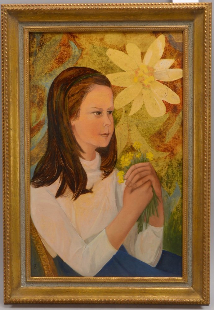 Monogrammist, 'Frau mit Blumen', Öl/Holz, unten li. monogr. 'Tb'/'Jb'(?)