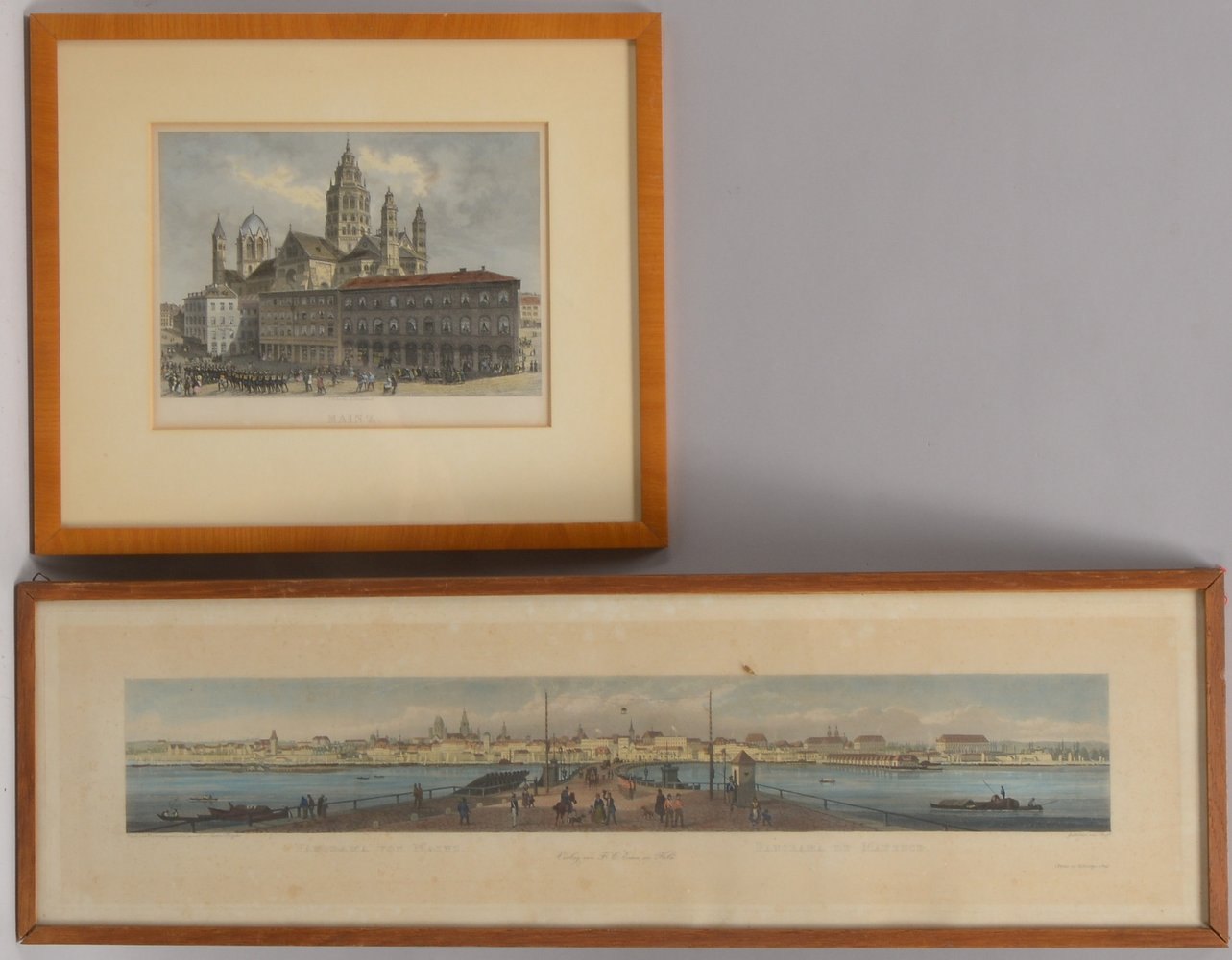2 alte Stiche, 'Mainz': 'Städtepanorama' (Ruff) und 'Mainzer Dom' (F. Foltz)
