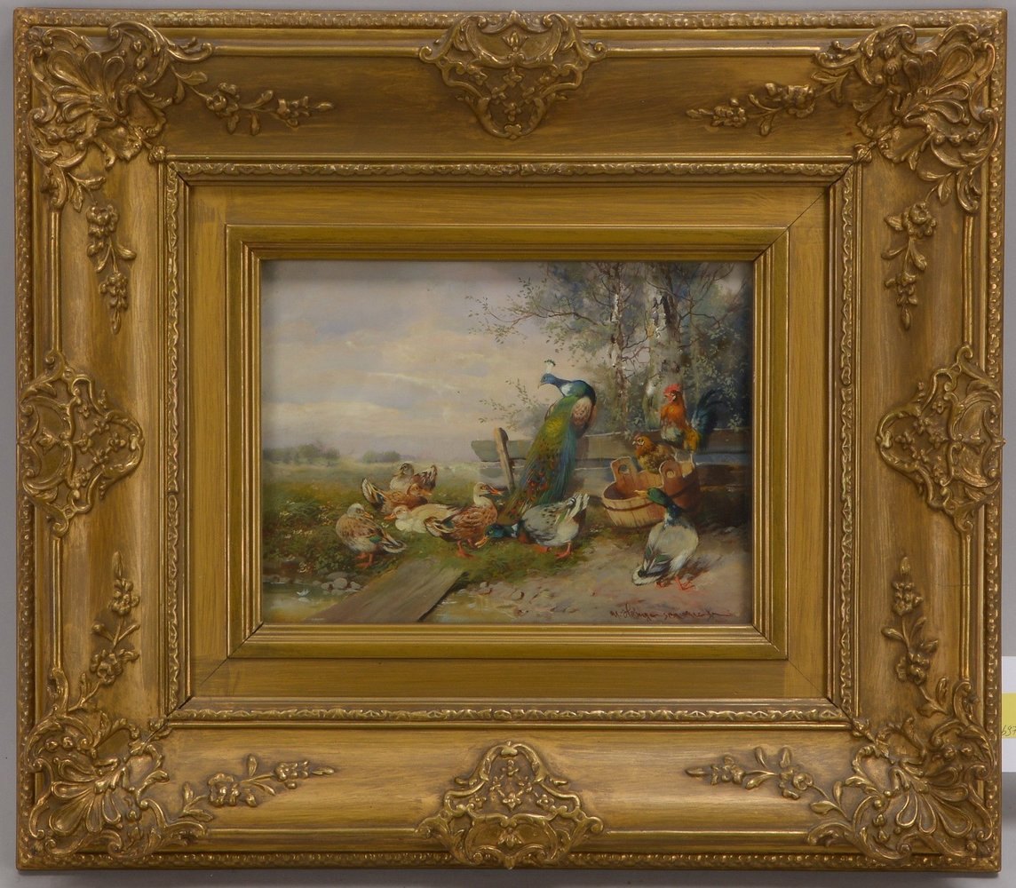 Hänger, Max (sen.), 'Federvieh', Öl/Holz, hinter Glas; Rahmenmaße 40,5 x 46,5 cm