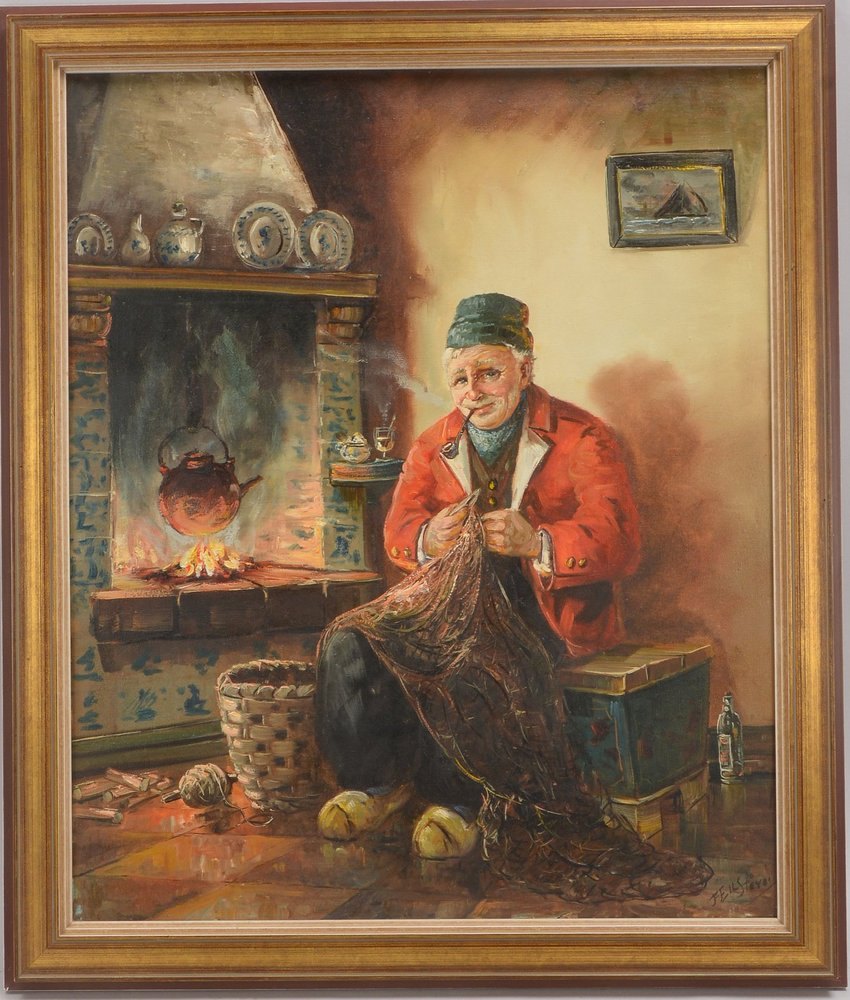 Stöver, Feil, 'Netze flickender Fischer', Öl/Lw, unten re. sign.; Bildmaße 60 x 50 cm