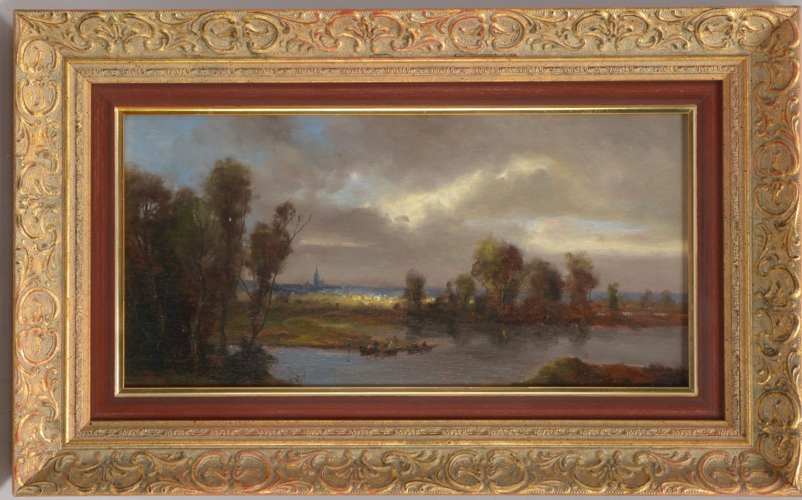 Gemälde, 'Boote vor abendl. Stadtkulisse', Öl auf Holz/gerahmt, unsign.