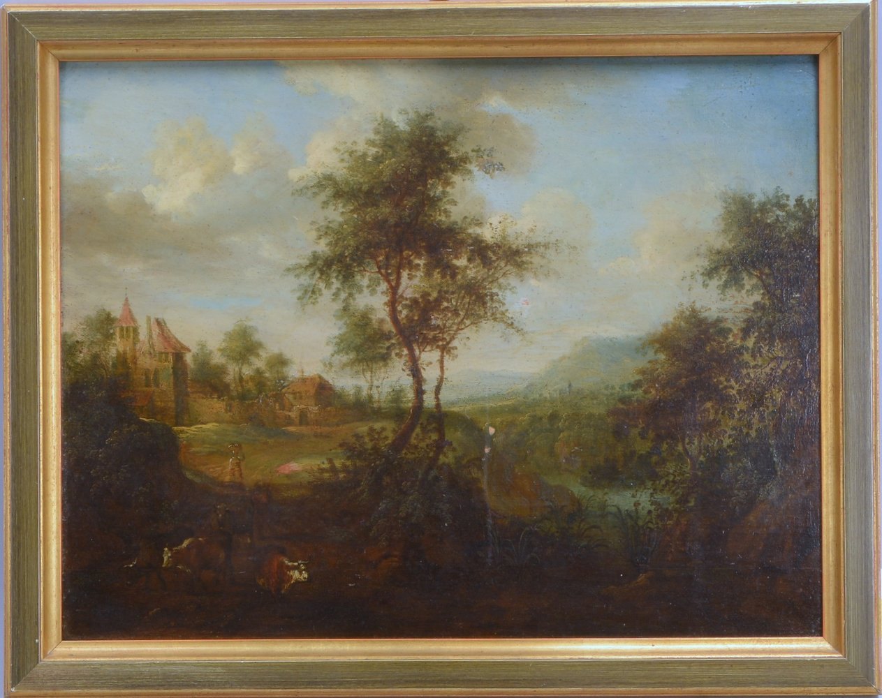 Gemälde (wohl 18. Jah.), 'Romant. Landschaft mit Kühen und Burg', Öl/Holz