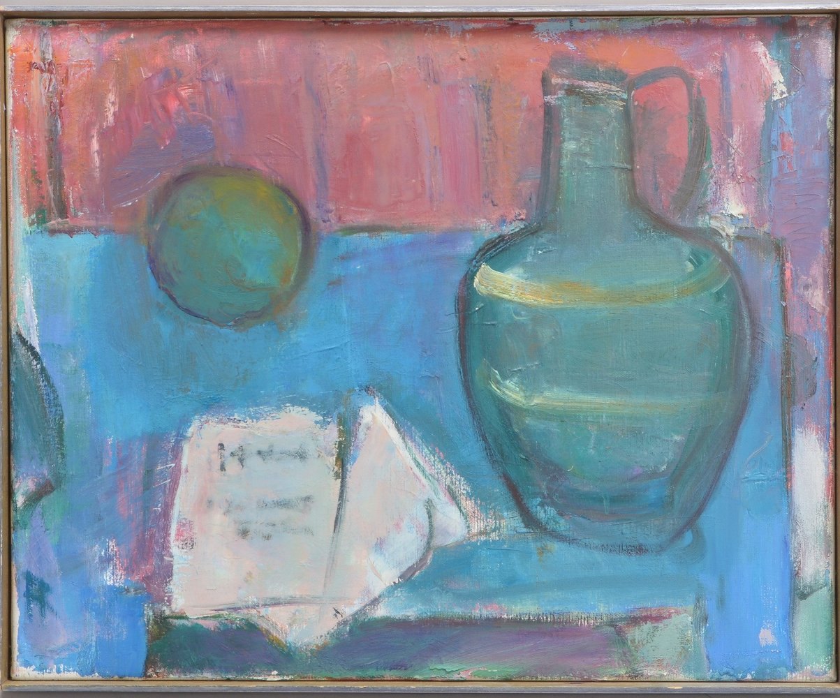 Rutenberg, Renate, 'Tischstillleben mit Zeitung und Henkelkrug', Öl/Lw, monogr.