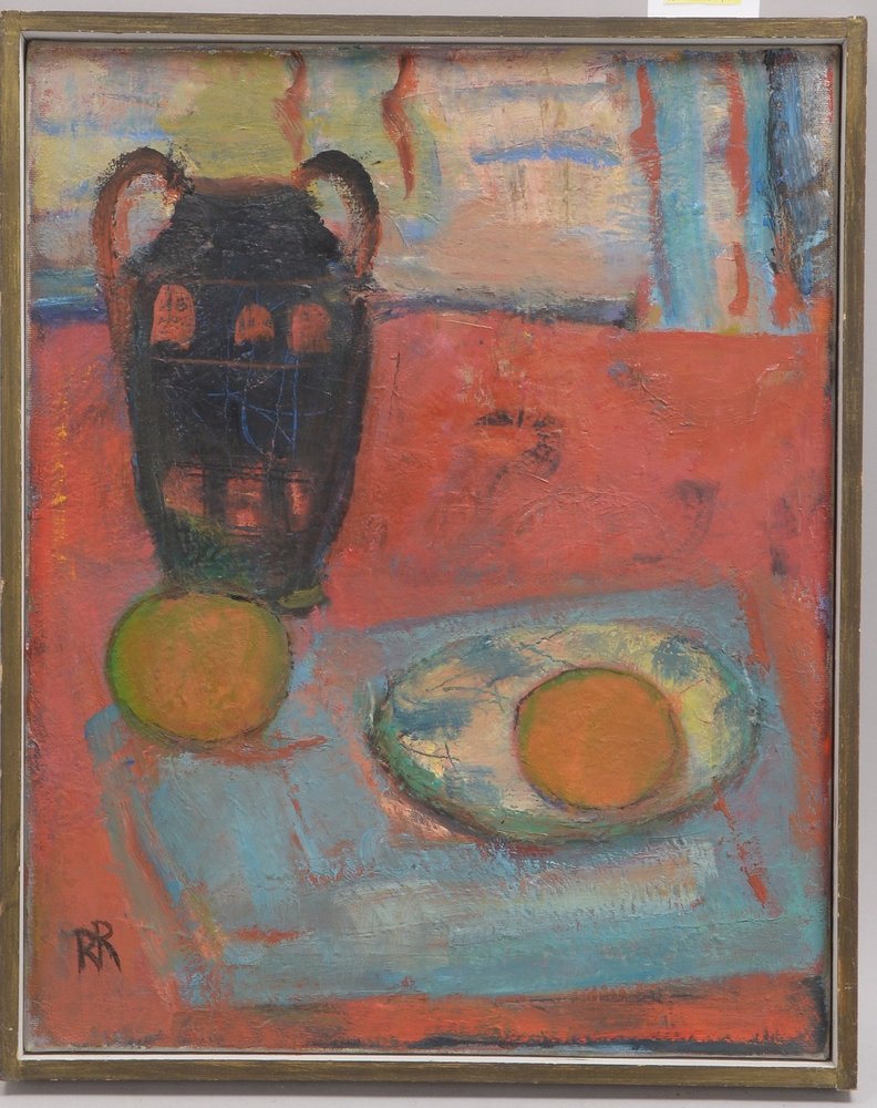 Rutenberg, Renate, 'Tischstillleben mit Apfelsinen und Henkelkrug', Öl/Lw, monogr.