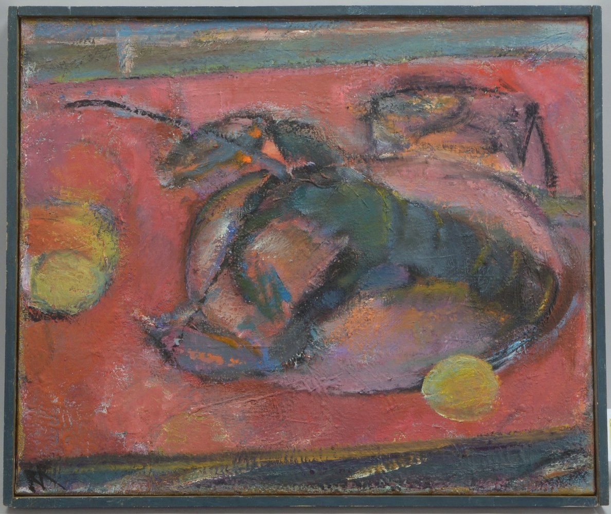Rutenberg, Renate, 'Tischstillleben mit Hummer', Öl/Lw, unten links monogr.