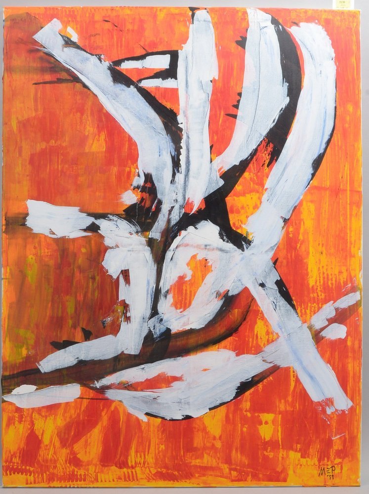 Monogrammist MEP, 'Moderne Kompos. - Schwarz-Weiß auf Orange', Öl/Lw, monogr./dat.
