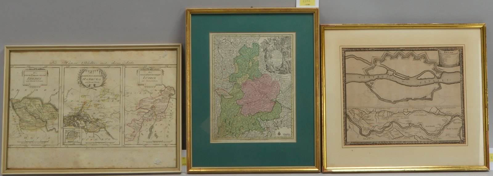 Konvolut alter Landkarten, 3 Stiche: 'Bayern', 'Bremen', 'Die Hansee Städte', hinter Glas
