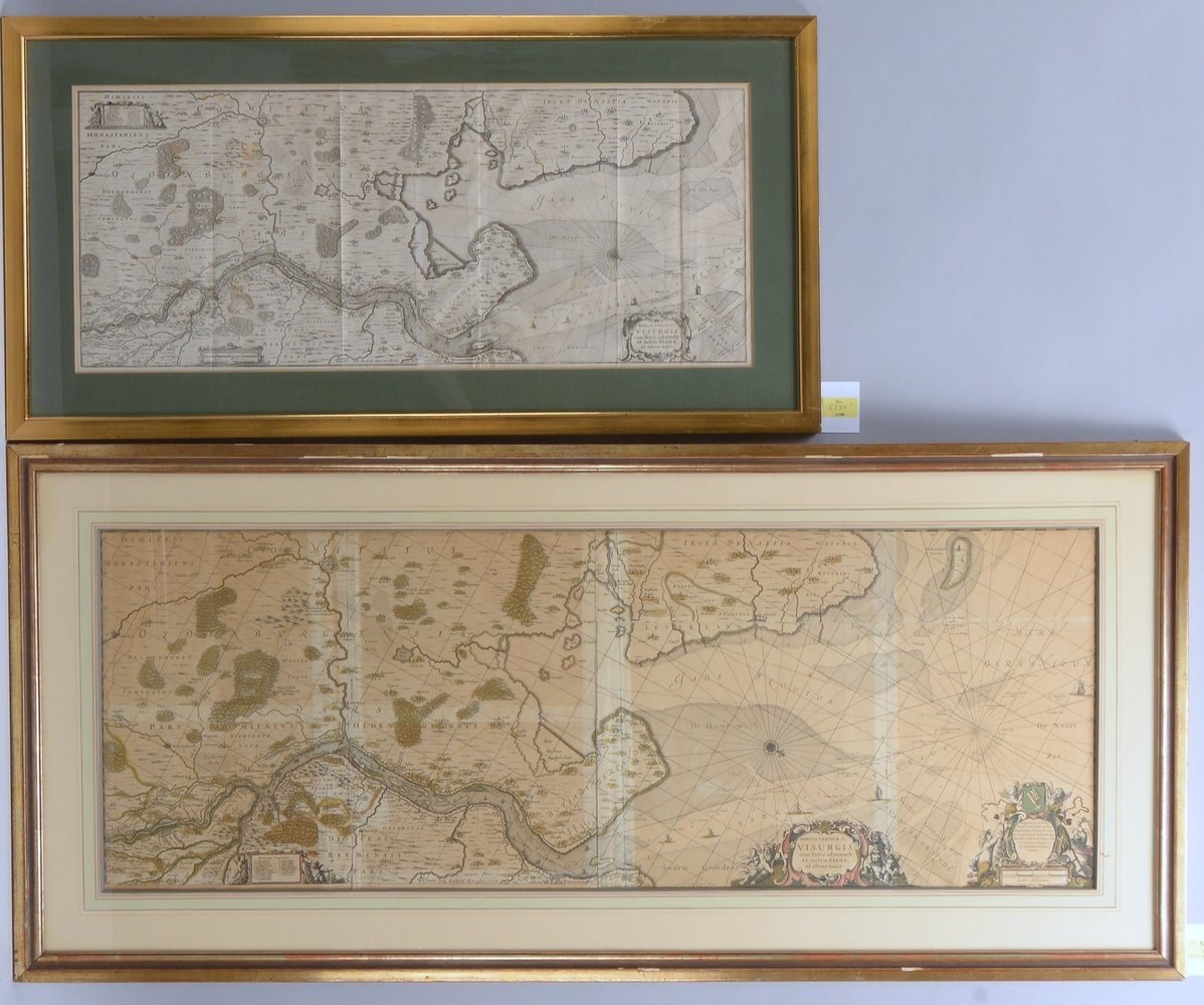 2 alte Landkarten, 'Die Weser', Stiche jeweils hinter Glas gerahmt, versch. Maße