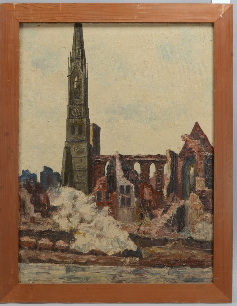 H.J. Hübner, 'Ruine der Bremer St. Stephani-Kirche', Öl/Jute, unten re. sign.