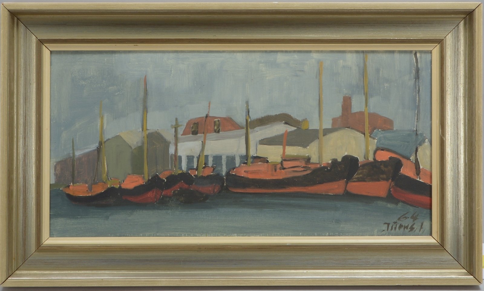 Jännsch, 'Boote am Hafen', Öl auf Hartfaser/gerahmt, unten re. sign./datiert (19)'64'