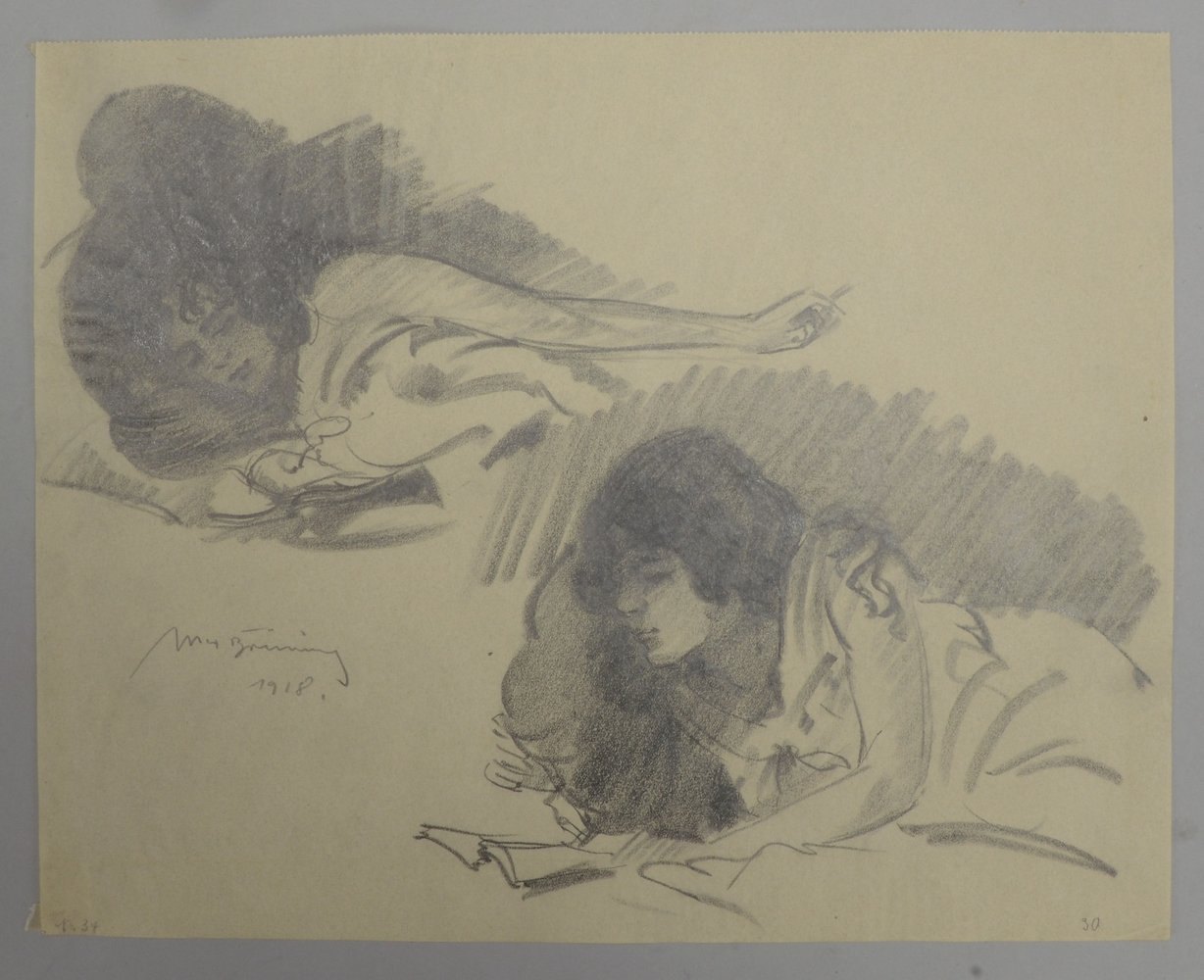 Brüning, Max, '2 liegende Frauen', original Zeichnung, bleisign./dat. '1918'
