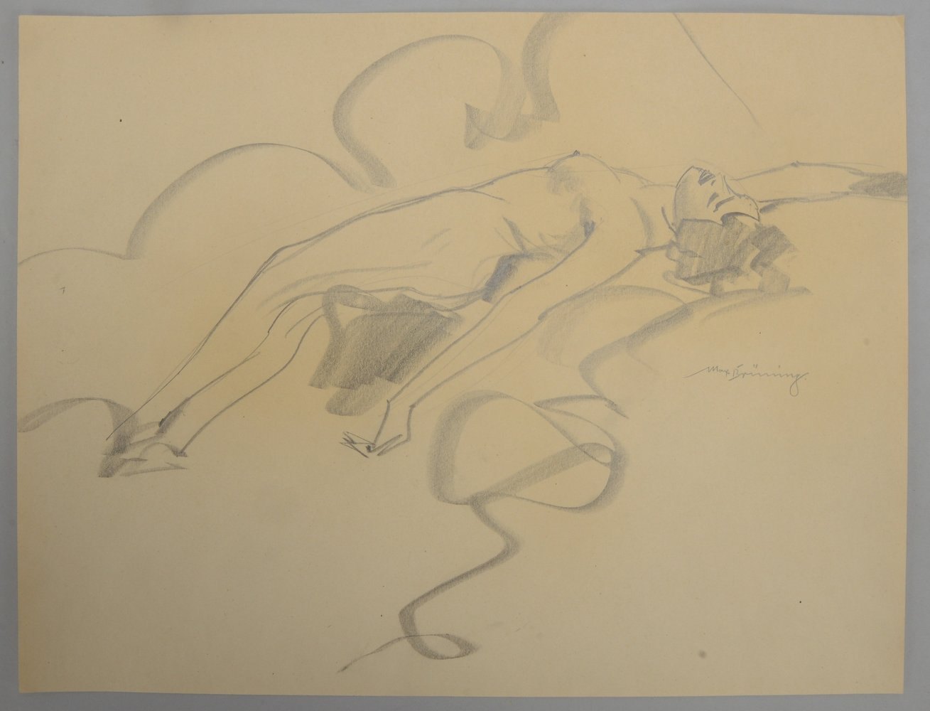 Brüning, Max, 'Liegender Akt', original Zeichnung, bleisigniert; Maße 34 x 44,3 cm