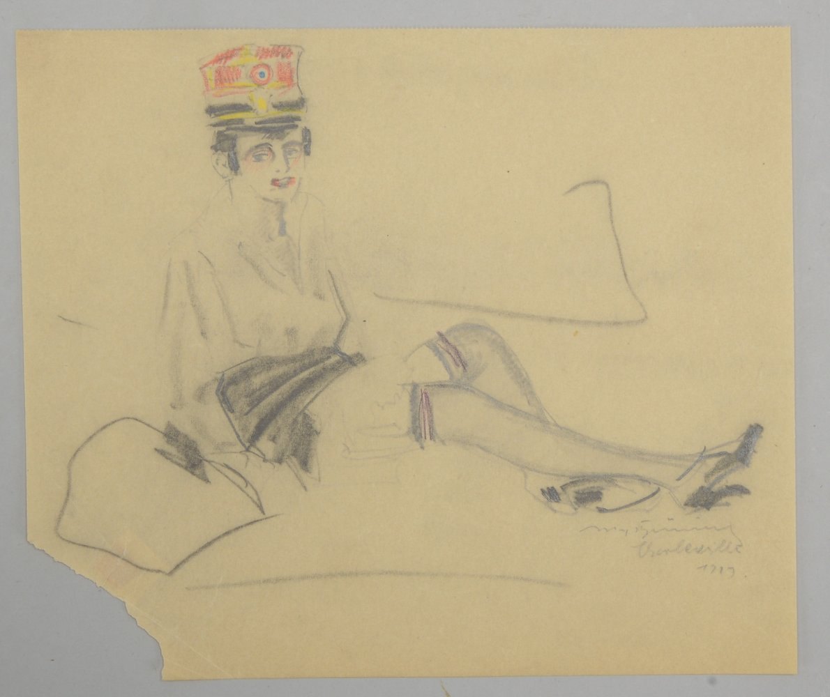 Brüning, Max, 'Sitzende Frau mit Kappe', original Zeichnung, bleisigniert, datiert '1919'; Maße 24,2