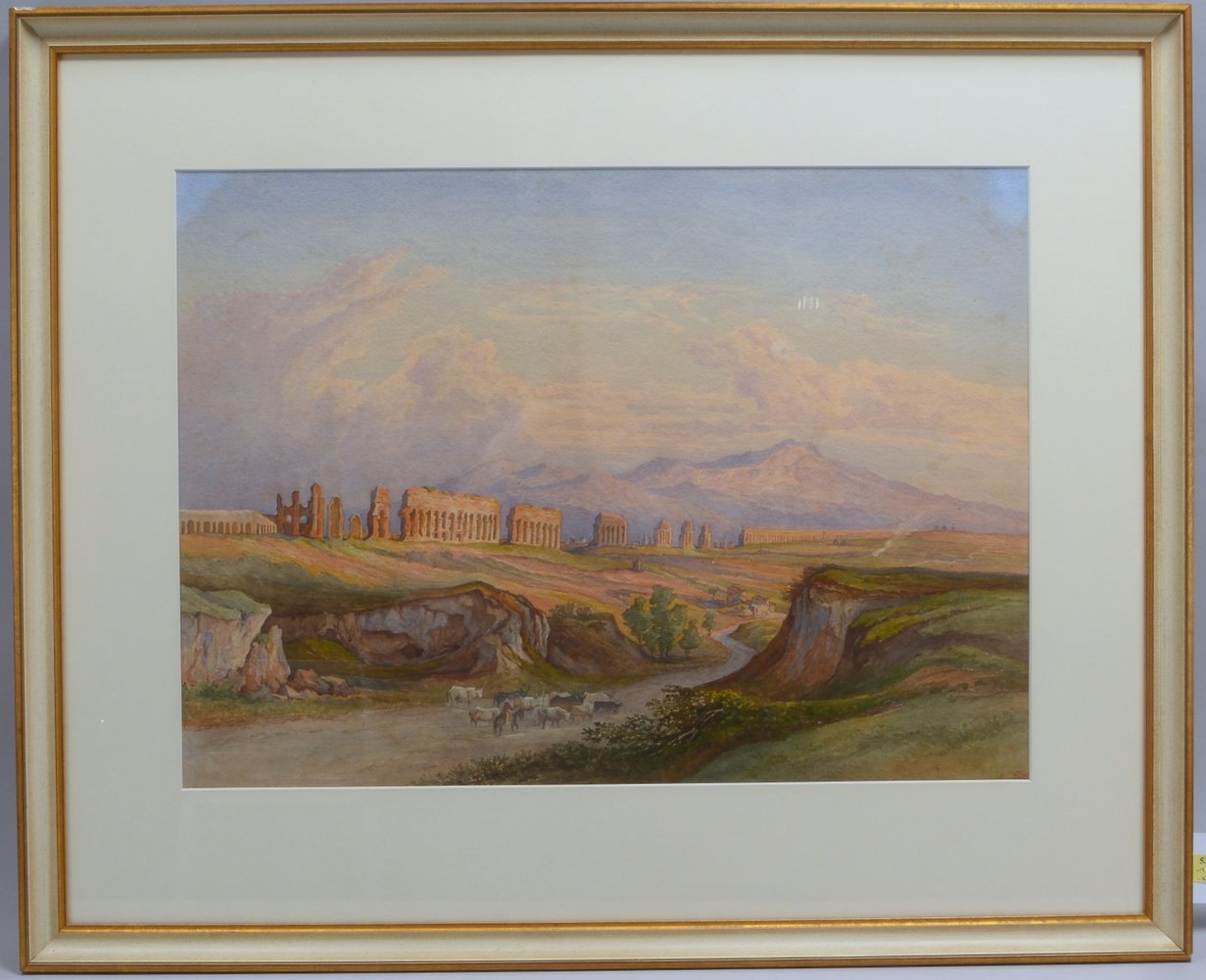 Pösel. M.(?), 'Weite röm. Landschaft mit Ruine', Aquarell, unten re. sign., hinter Glas