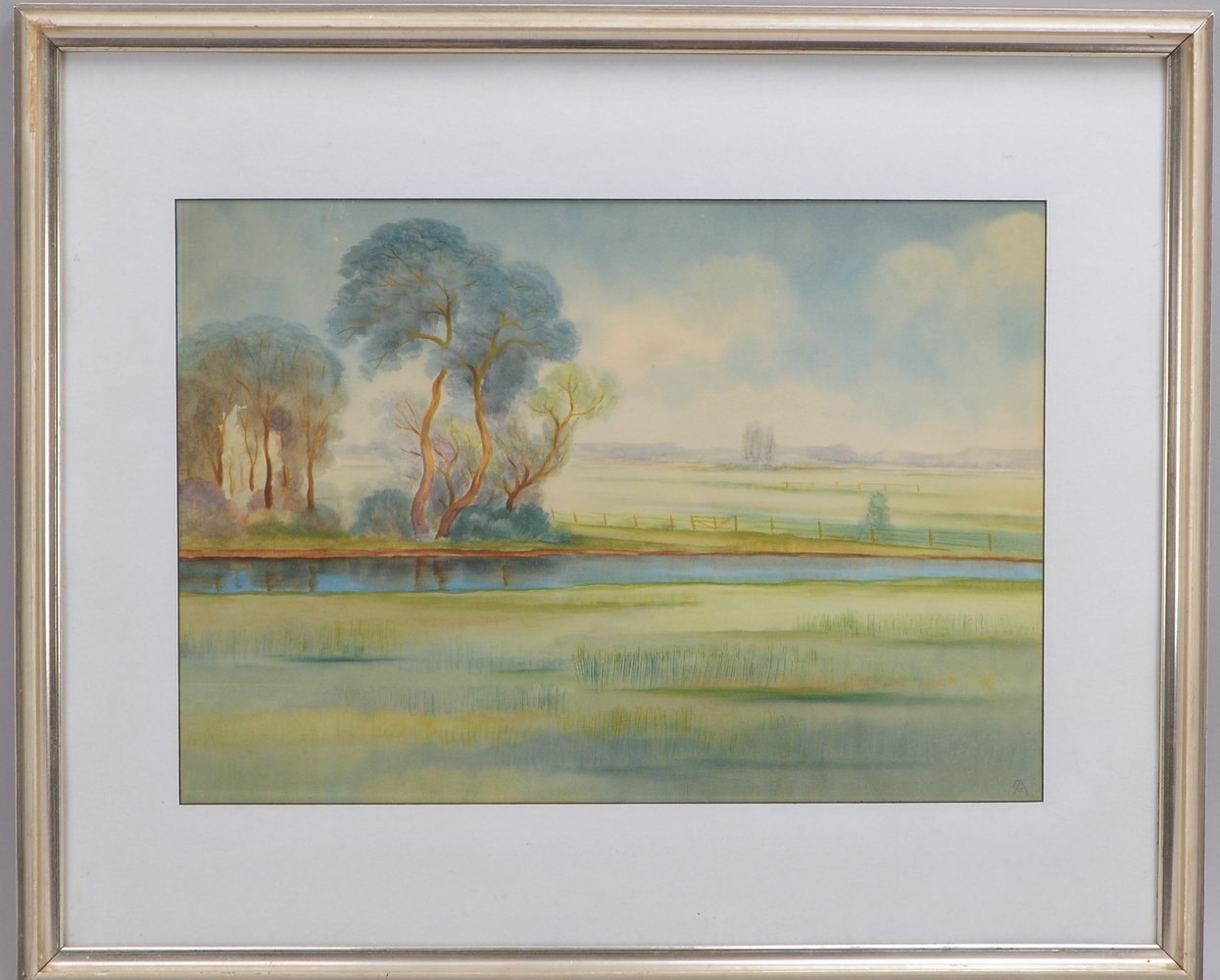 Arnold, Christian, 'Weite Landschaft mit Fluss', Aquarell, unter PP hinter Glas ger.