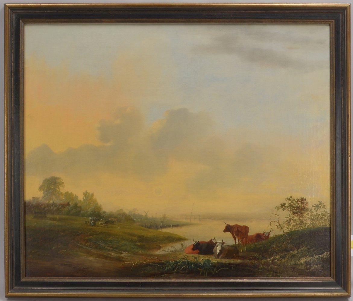 Gemälde, 'Seeufer mit Kühen im Abendrot', Öl/Lw, unsign.; Rahmenmaße 74 x 88 cm